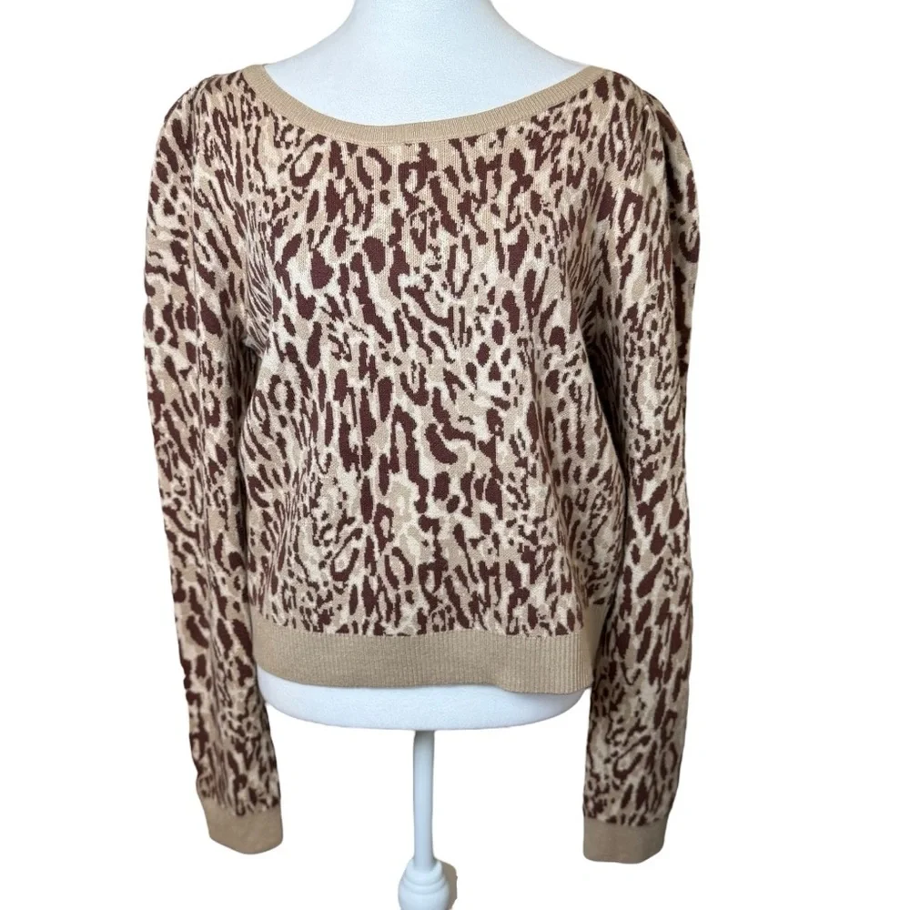 Anthropologie Maeve Knit Leopard Print Sweater XL Puff Sleeve Soft‎ Chic Neutral